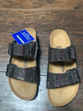 Birkenstock Two-Strap Sandals in Dark Brown Croc Print